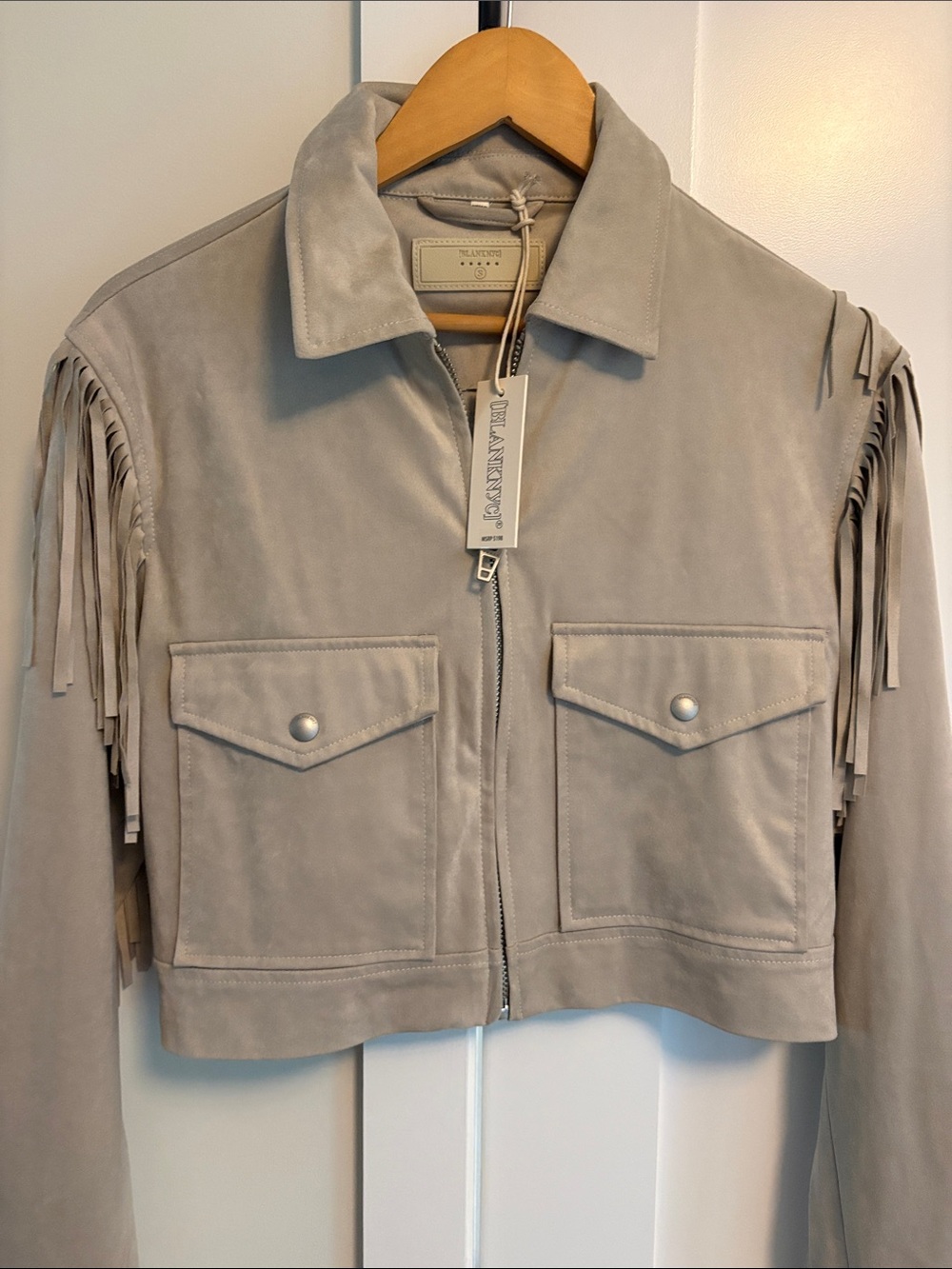 Blank NYC Suede Fringe Cropped Jacket — Light Taupe